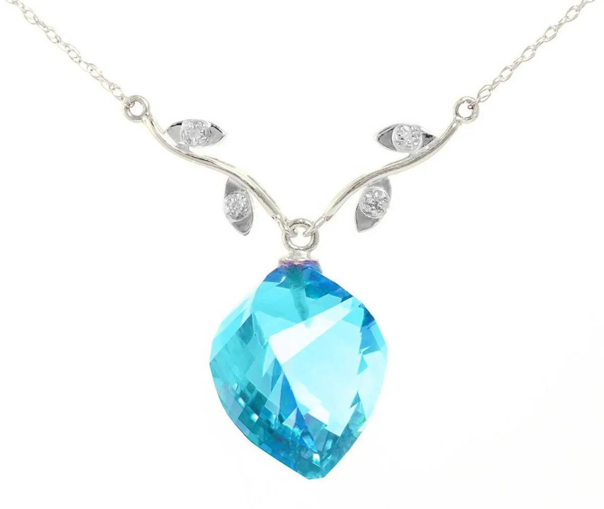 13.92 Carat 14K Solid White Gold Bare Talk Blue Topaz Diamond Necklace