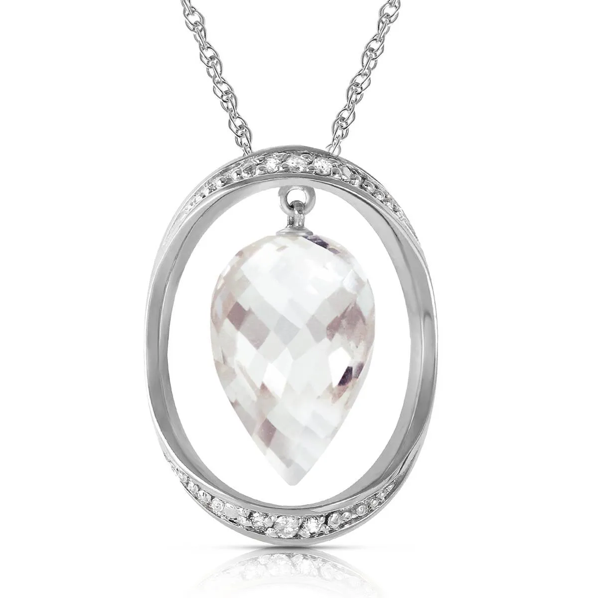 14K Solid White Gold Necklace w/ Diamonds & Briolette Pointy Drop White Topaz