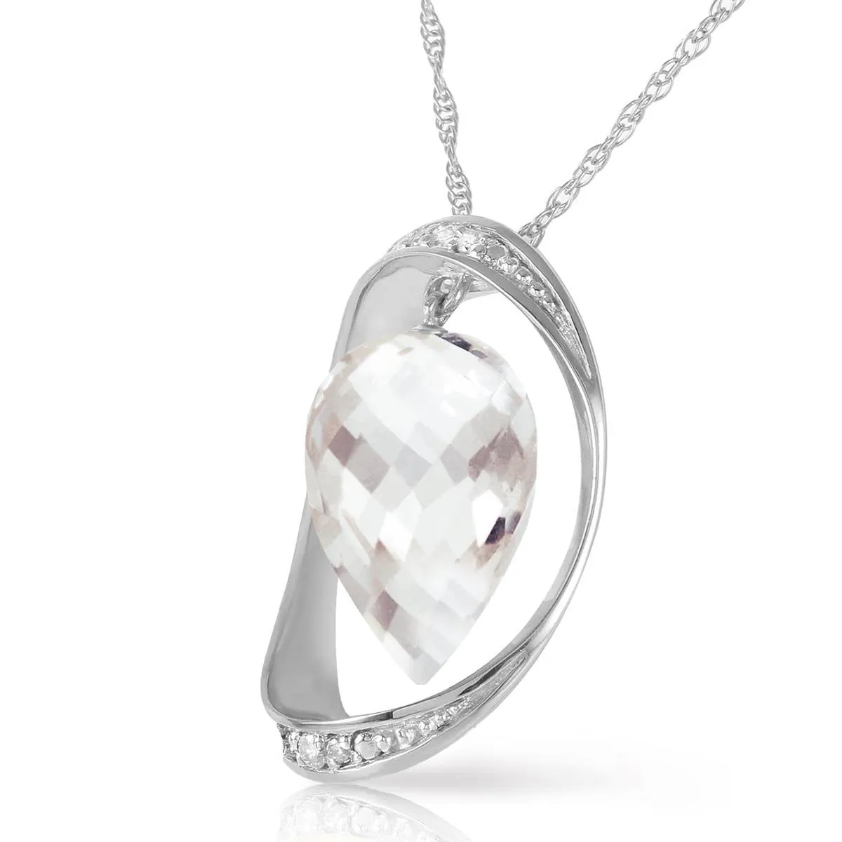 14K Solid White Gold Necklace w/ Diamonds & Briolette Pointy Drop White Topaz