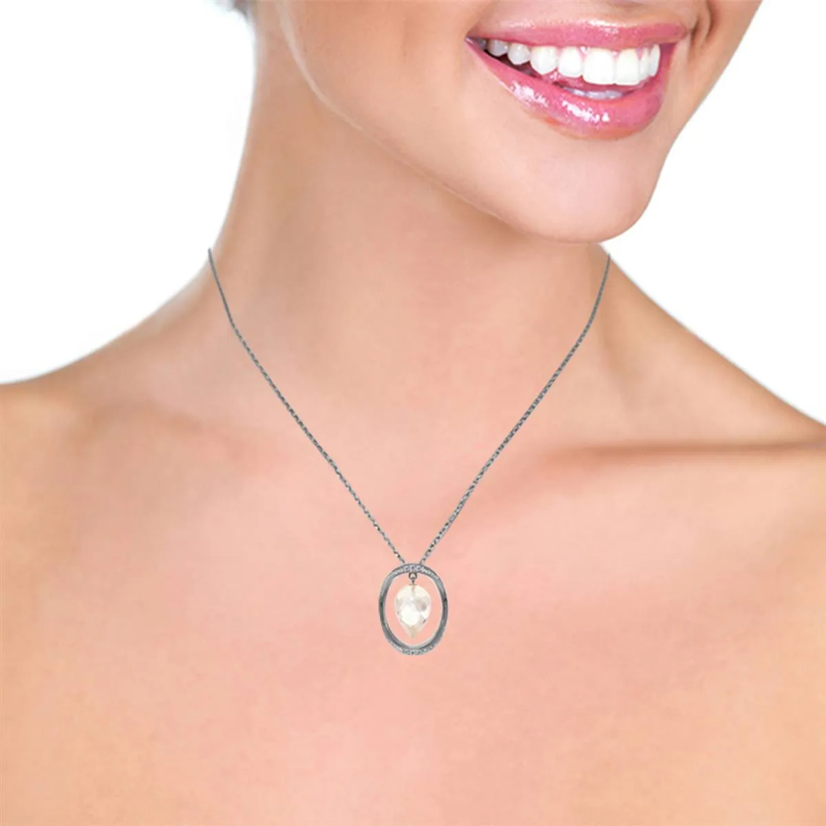 14K Solid White Gold Necklace w/ Diamonds & Briolette Pointy Drop White Topaz