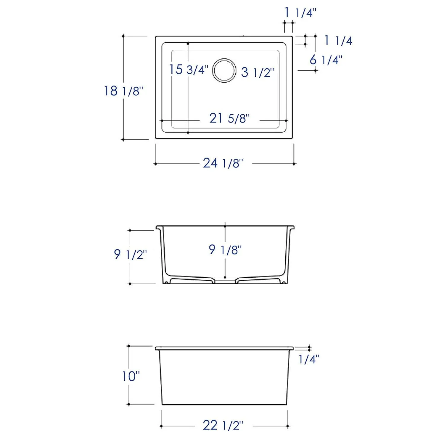 ALFI Brand AB2418UD-BM 24" Matte Black Undermount / Drop-in Fireclay Kitchen Sink