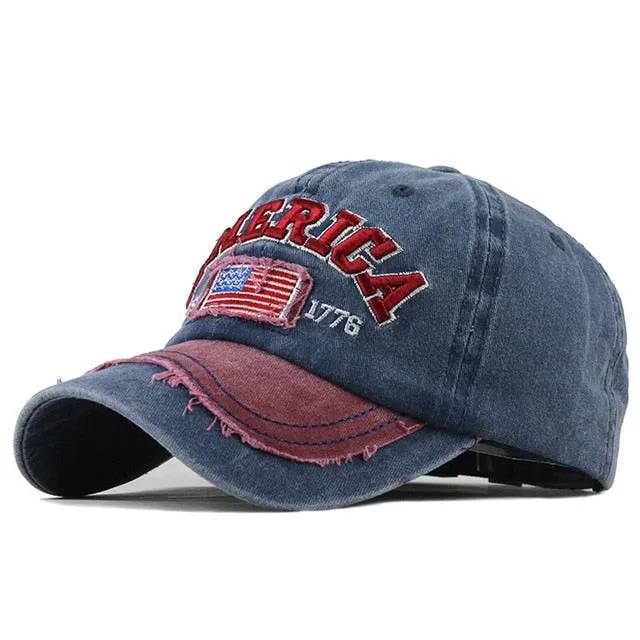 America Flag Vintage 1776 Washed Cotton Snapback Baseball Cap