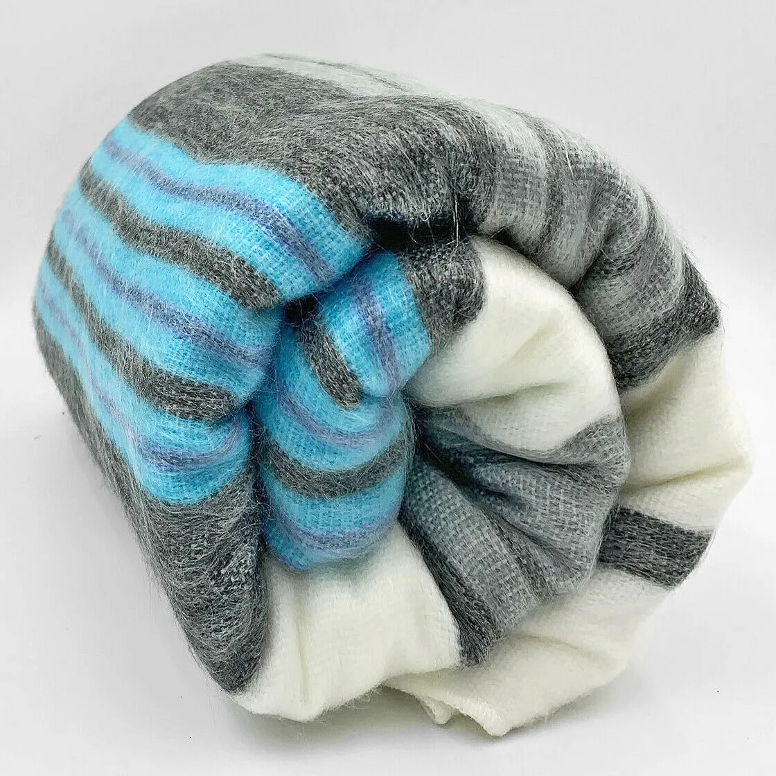 Aychapicho - Baby Alpaca Wool Throw Blanket / Sofa Cover - Queen 90" x 65" - striped pattern white/cyan/gray