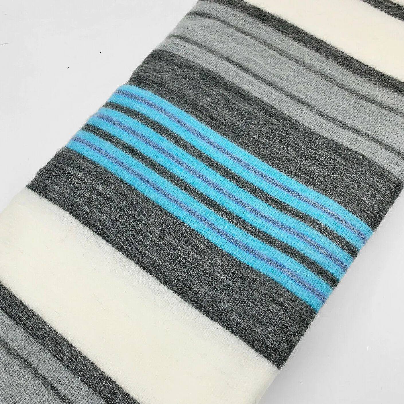 Aychapicho - Baby Alpaca Wool Throw Blanket / Sofa Cover - Queen 90" x 65" - striped pattern white/cyan/gray