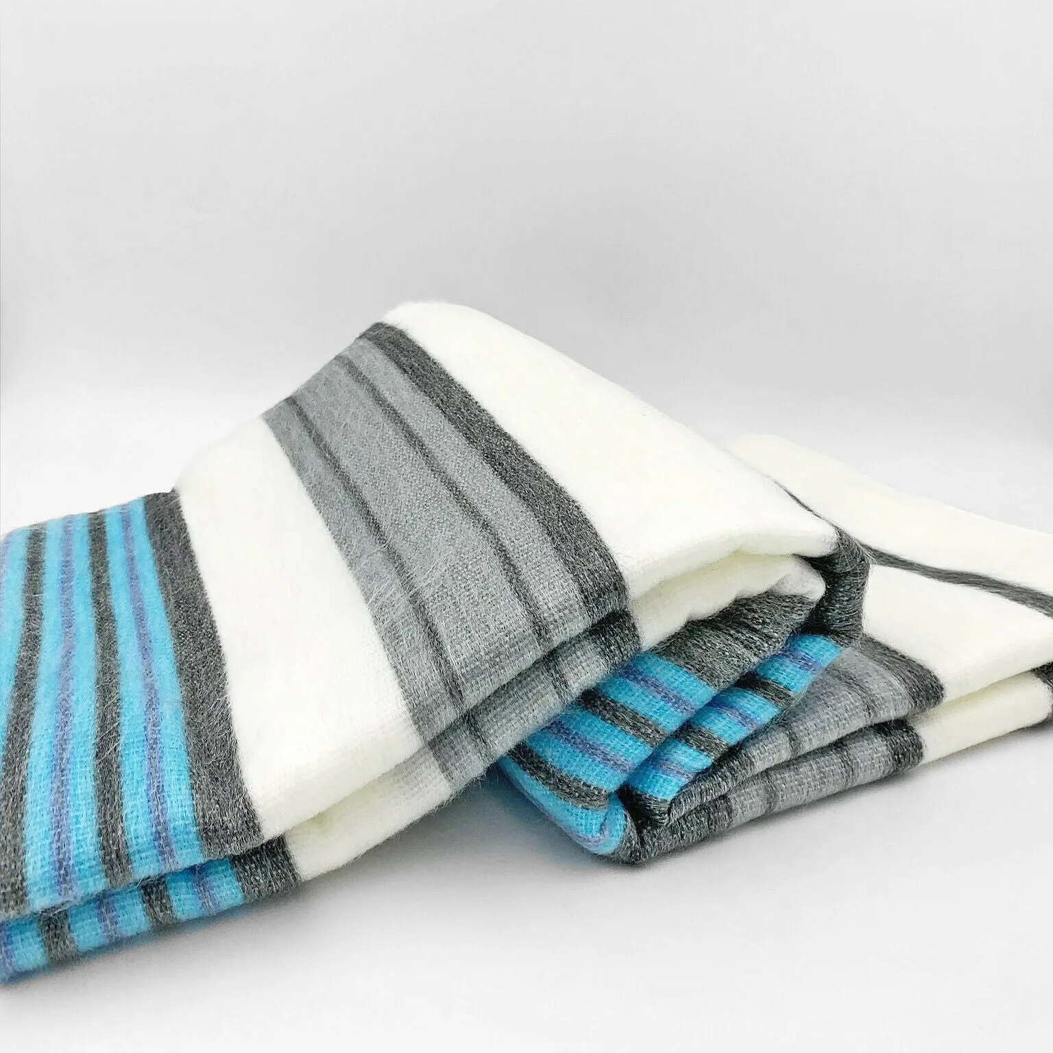 Aychapicho - Baby Alpaca Wool Throw Blanket / Sofa Cover - Queen 90" x 65" - striped pattern white/cyan/gray