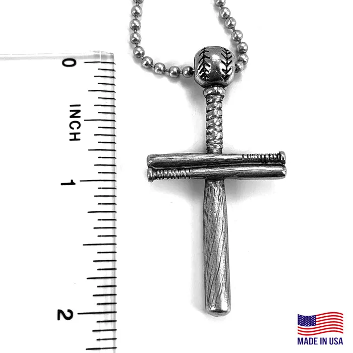 Baseball Bat And Ball Cross On Ball Chain Necklace Antique Pewter