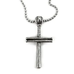 Baseball Bat And Ball Cross On Ball Chain Necklace Antique Pewter