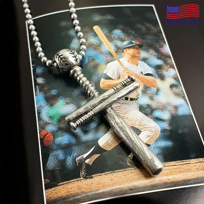 Baseball Bat And Ball Cross On Ball Chain Necklace Antique Pewter