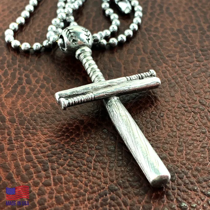 Baseball Bat And Ball Cross On Ball Chain Necklace Antique Pewter