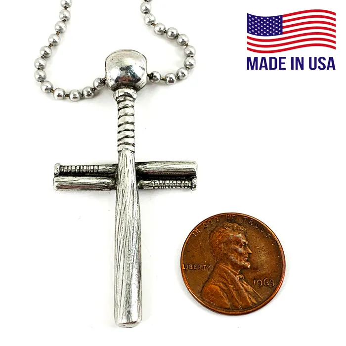 Baseball Bat And Ball Cross On Ball Chain Necklace Antique Pewter