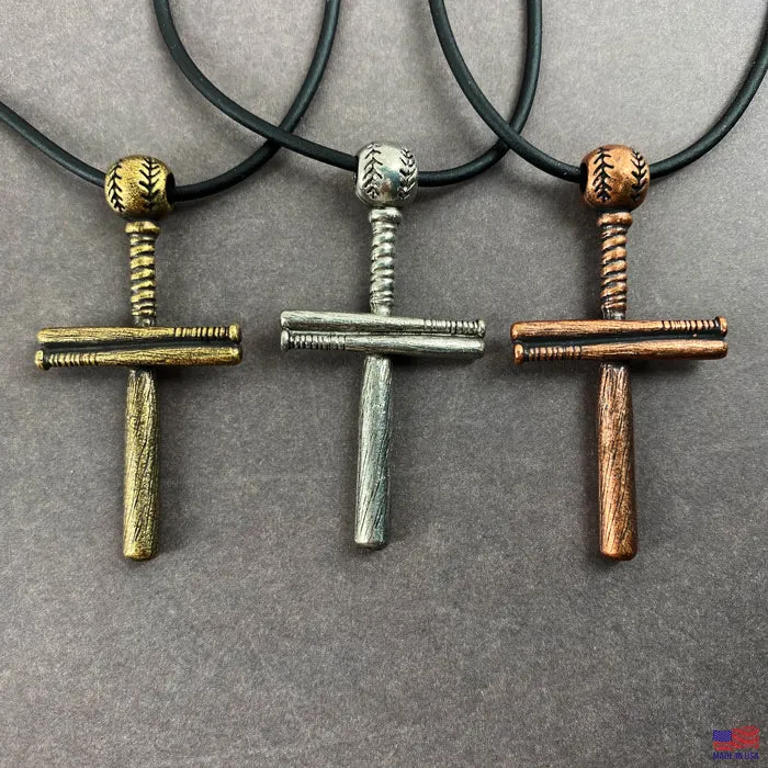 Baseball Bat And Ball Cross On Black Cord Necklace Antique Pewter