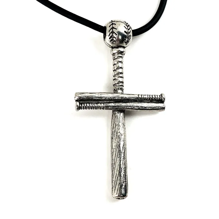 Baseball Bat And Ball Cross On Black Cord Necklace Antique Pewter