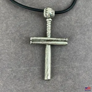 Baseball Bat And Ball Cross On Black Cord Necklace Antique Pewter