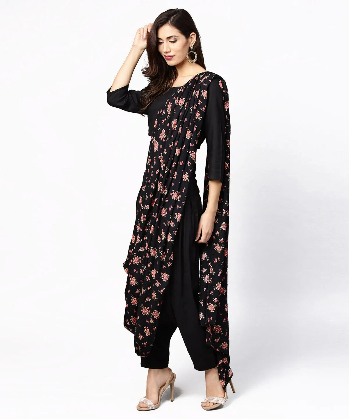 Black Printed Palazzo Saree With 3/4Th Sleeve Round Neck Blouse