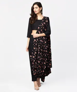 Black Printed Palazzo Saree With 3/4Th Sleeve Round Neck Blouse