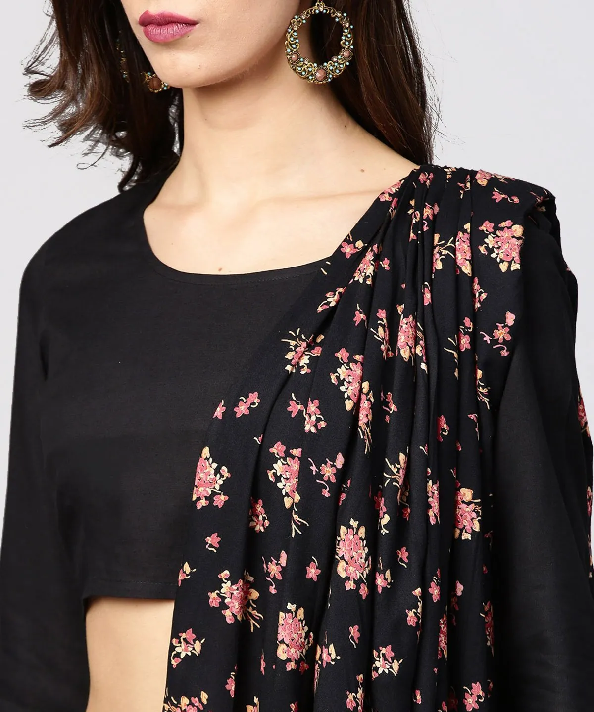 Black Printed Palazzo Saree With 3/4Th Sleeve Round Neck Blouse