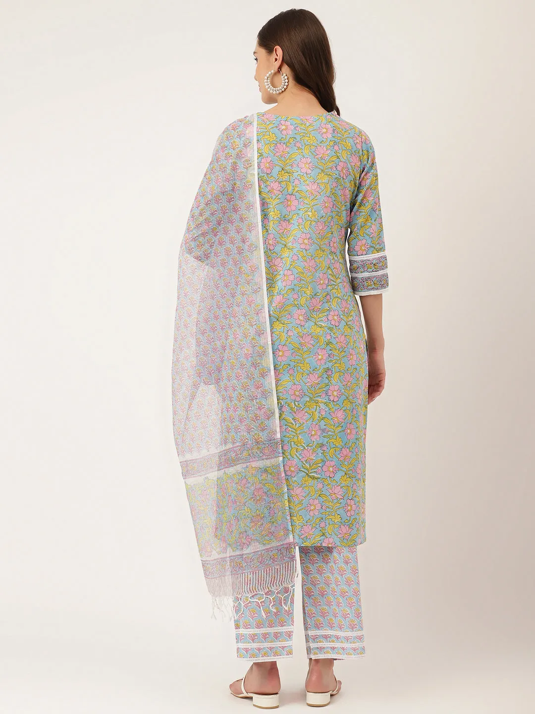 Blue Floral Print Cotton  Kurta, Trouser With Dupatta