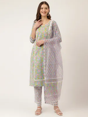 Blue Floral Print Cotton  Kurta, Trouser With Dupatta