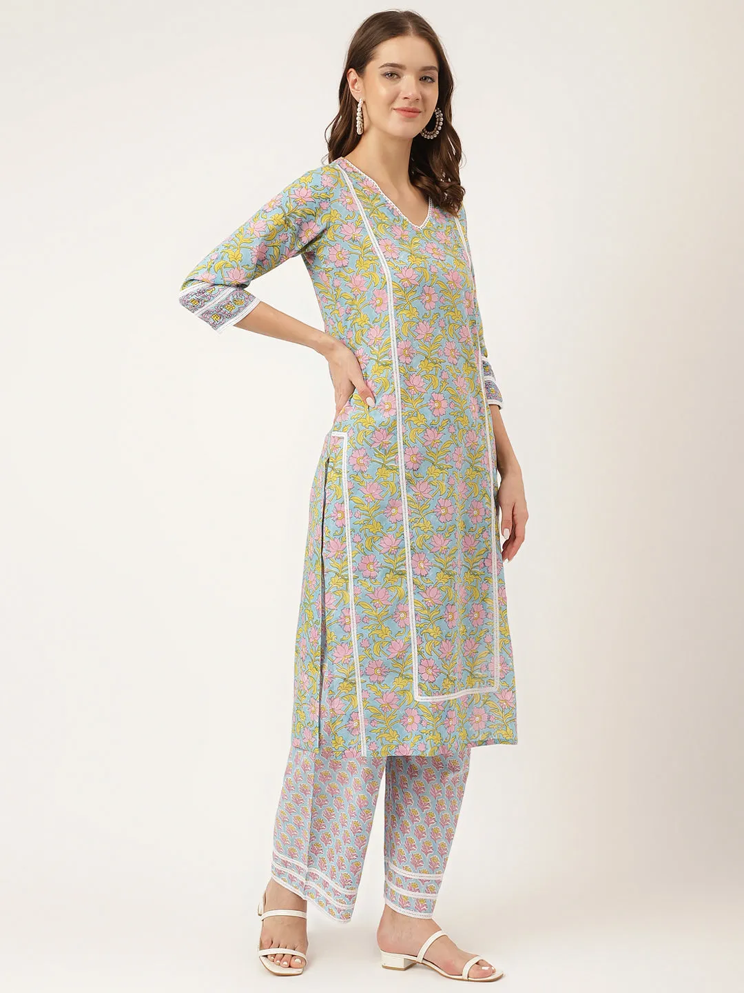 Blue Floral Print Cotton  Kurta, Trouser With Dupatta