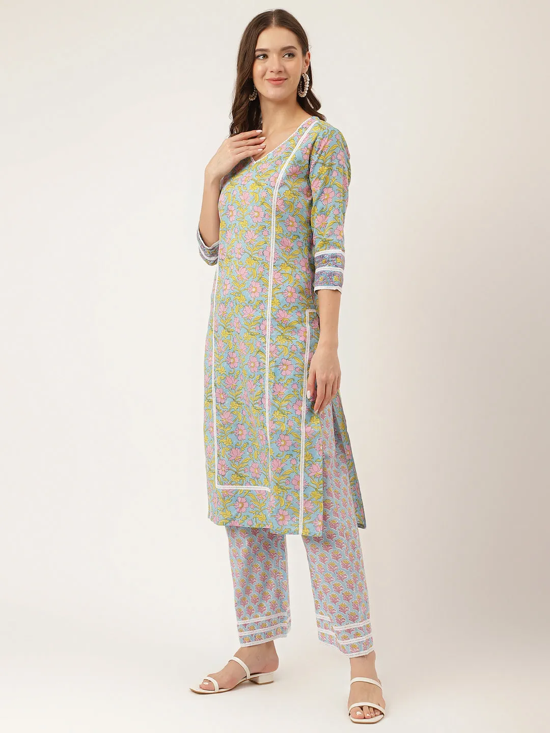 Blue Floral Print Cotton  Kurta, Trouser With Dupatta