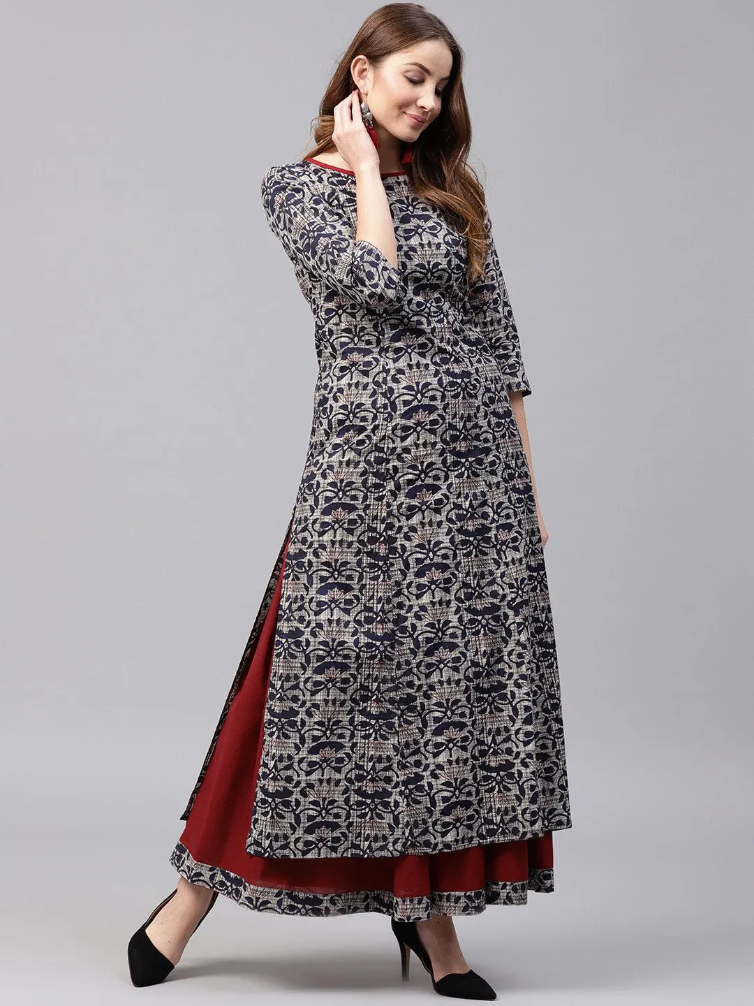 Blue Printed 3/4Th Sleeve Cotton Kurta With Red Flared Skirt