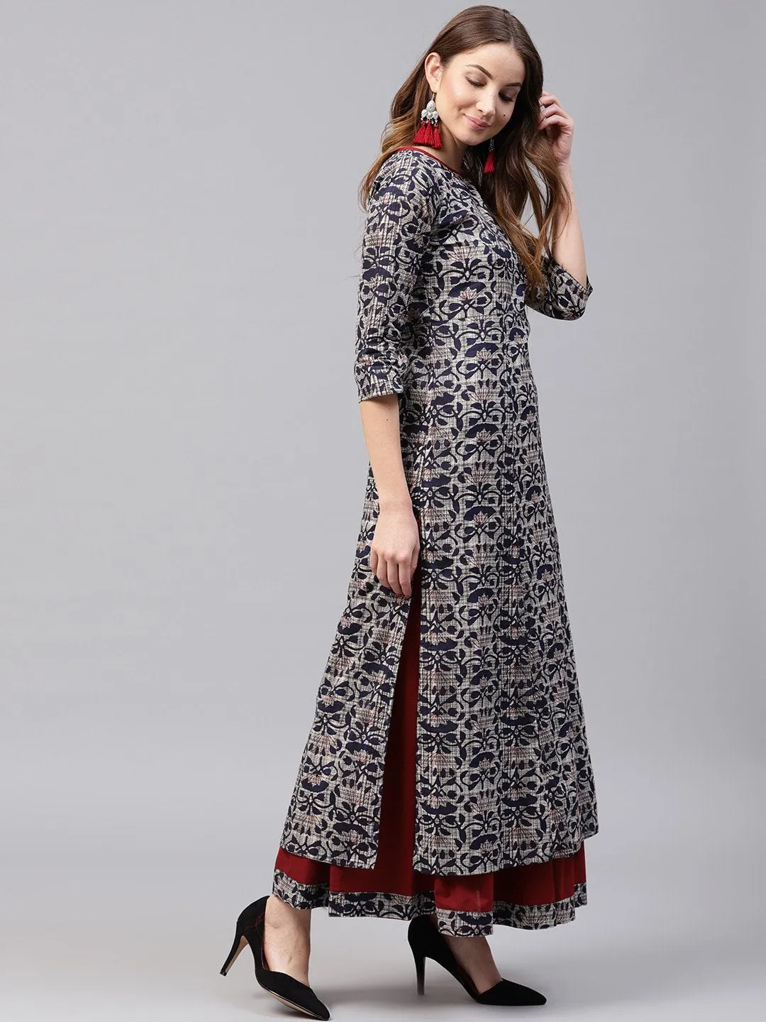 Blue Printed 3/4Th Sleeve Cotton Kurta With Red Flared Skirt