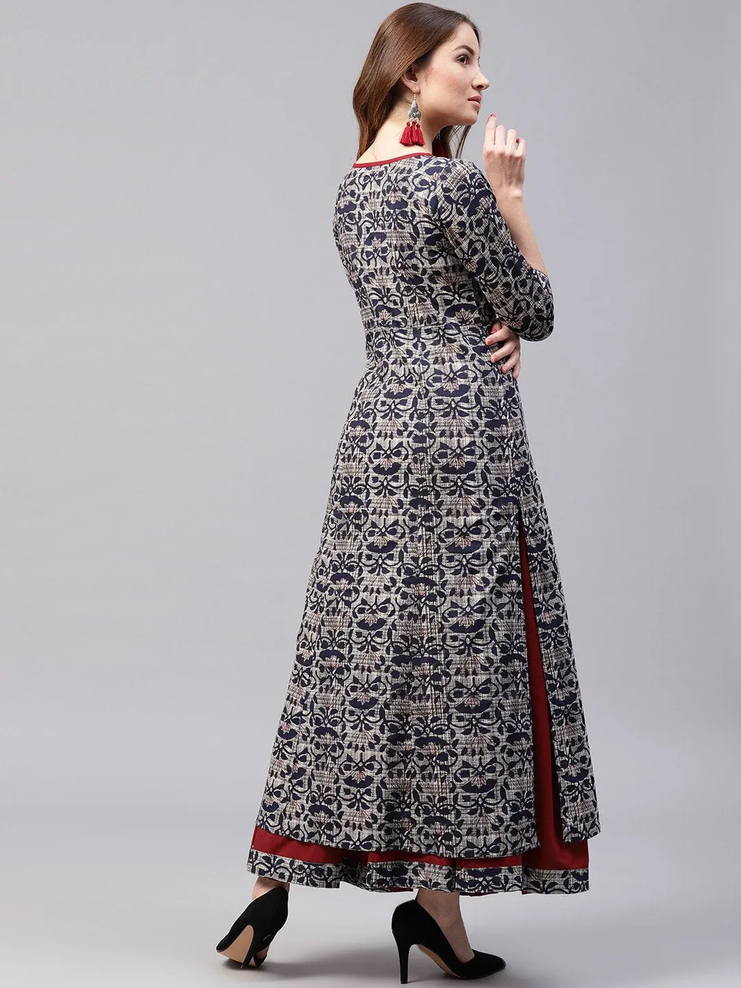 Blue Printed 3/4Th Sleeve Cotton Kurta With Red Flared Skirt