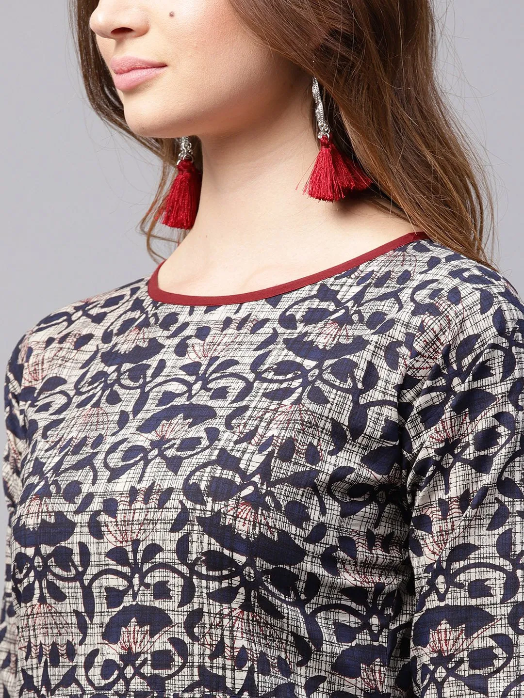 Blue Printed 3/4Th Sleeve Cotton Kurta With Red Flared Skirt