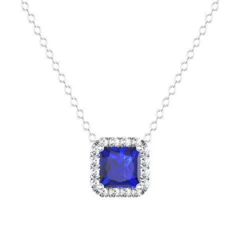 Blue Sapphire Princess Halo Pendant