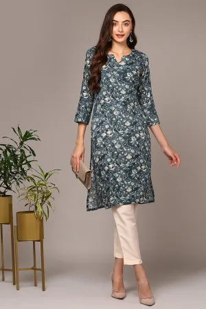 Blue Viscose Rayon Floral Printed Straight Kurta