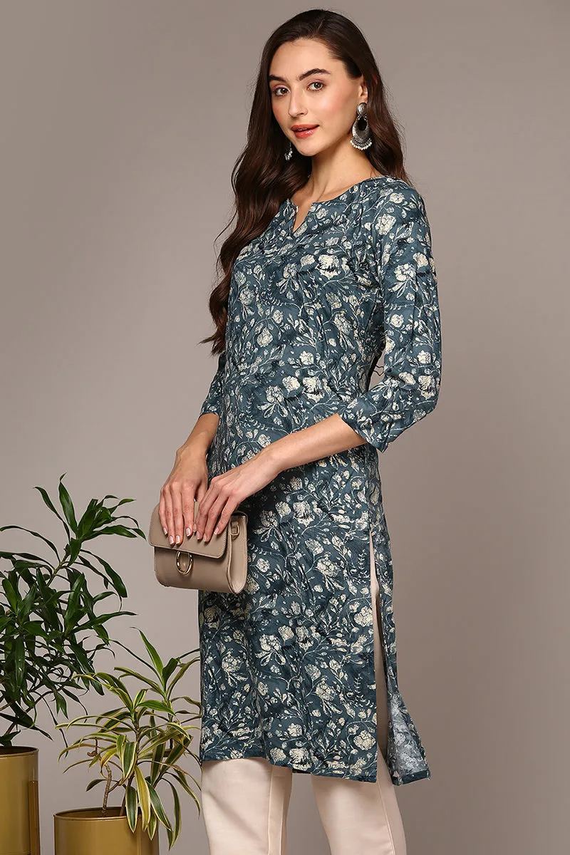 Blue Viscose Rayon Floral Printed Straight Kurta