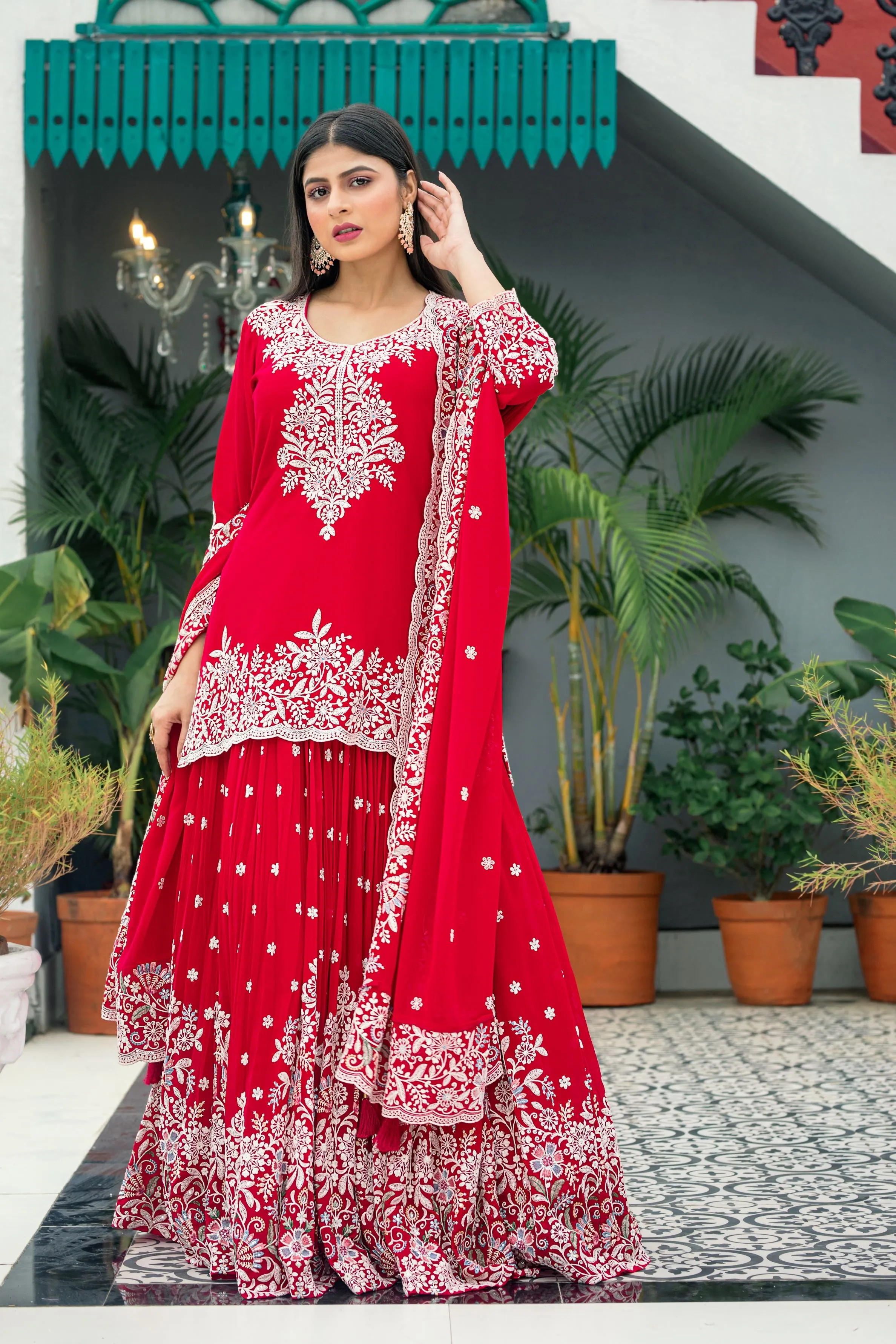 Bright Red Embroidered Swiss Georgette Silk Lehenga Set