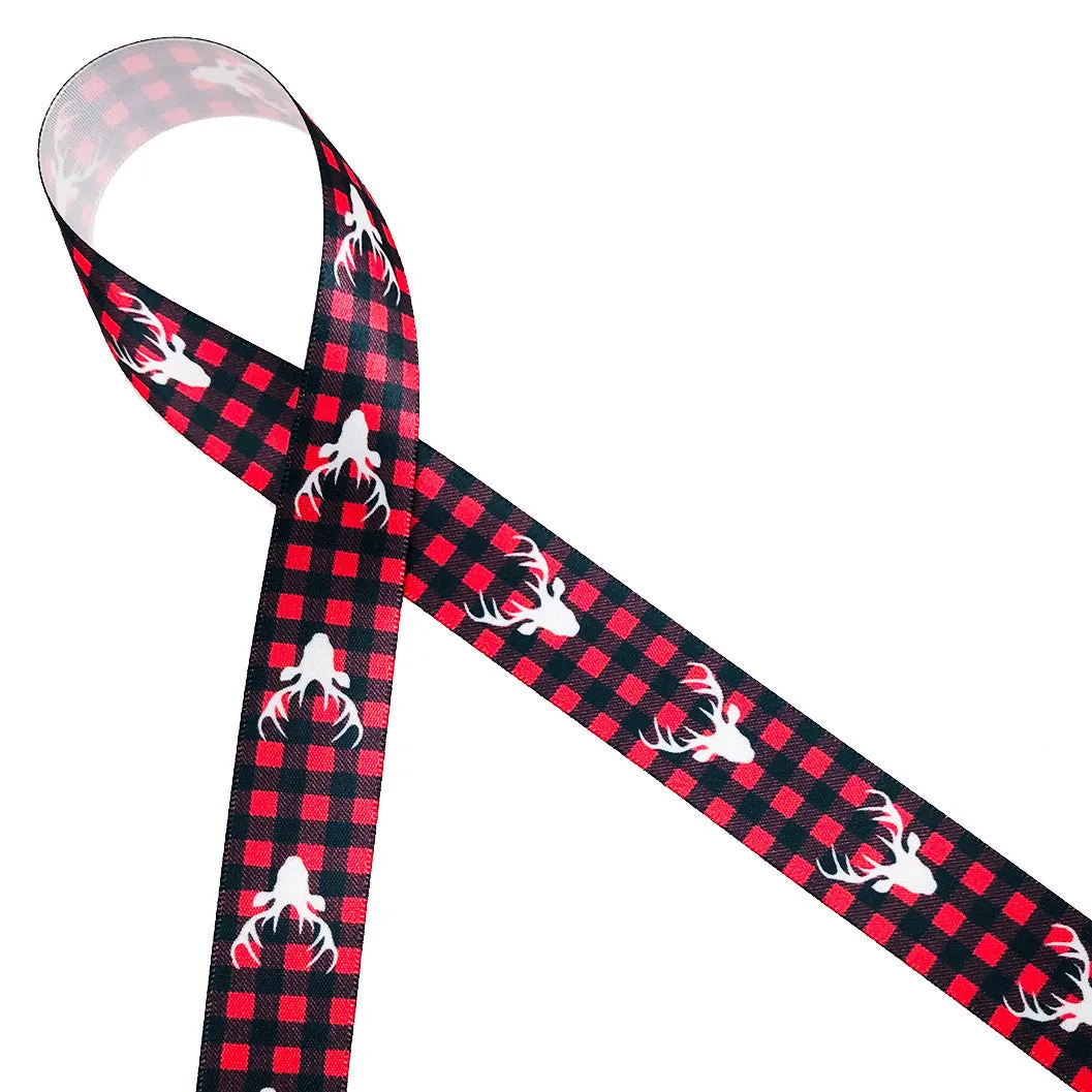 Buffalo Plaid ribbon with white deer head ribbon printed on 7/8" white single face satin