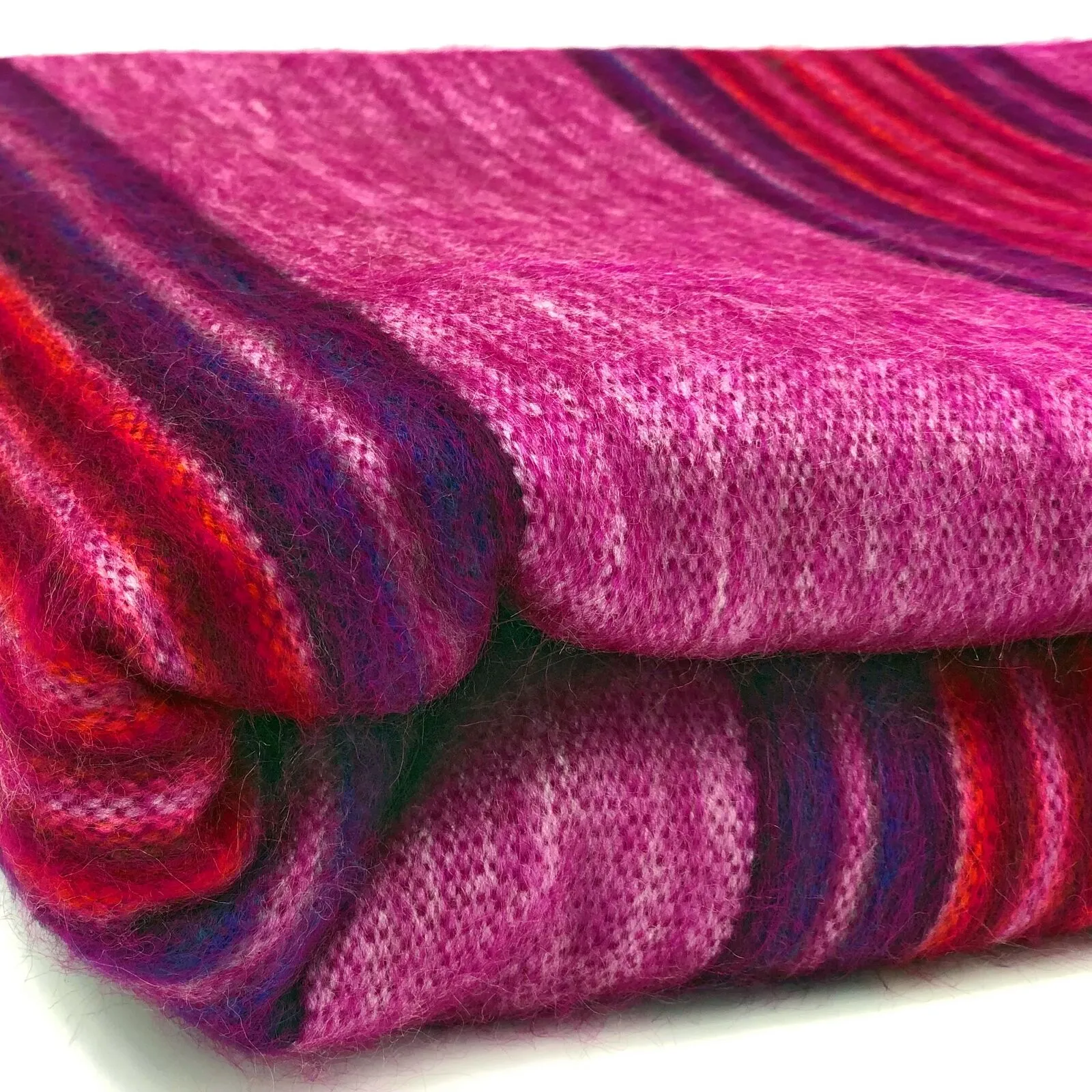 Cayetana - Baby Alpaca Wool Throw Blanket / Sofa Cover - Queen 90" x 65" - striped pattern pink/fuchsia