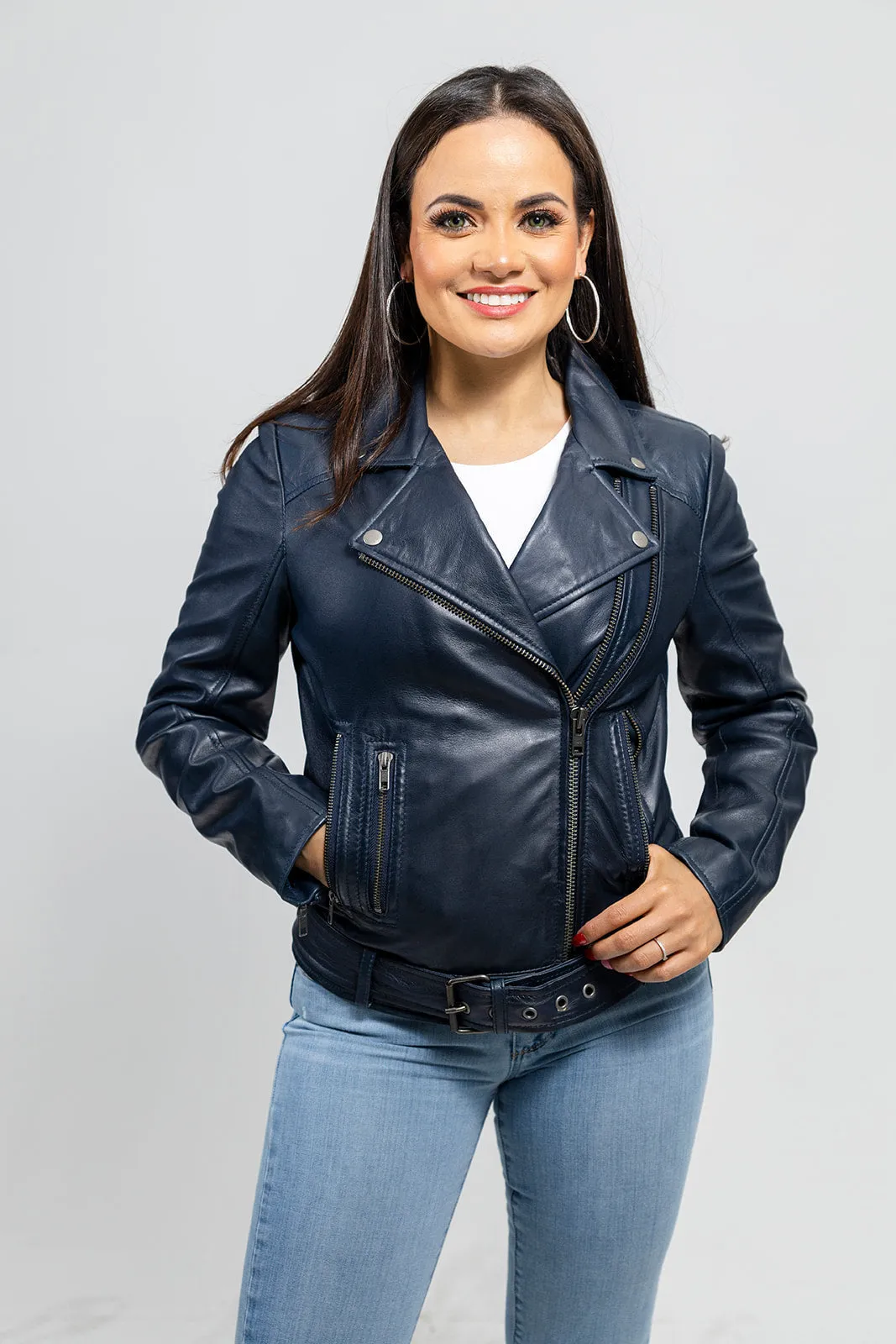 Chloe Women's Fashion Leather Jacket Navy Blue (POS)