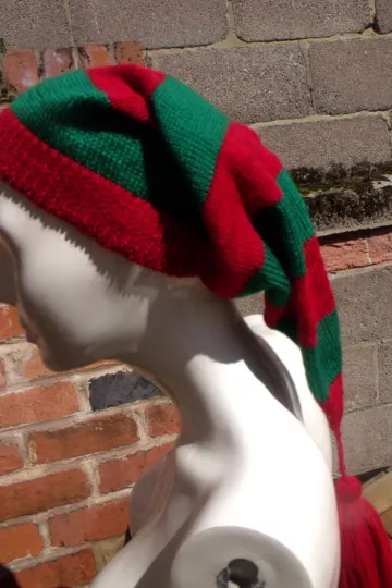 Christmas Elf Hat, Pixie style, slouchy, Smee Pirate Hat, in red and Green, Handmade.