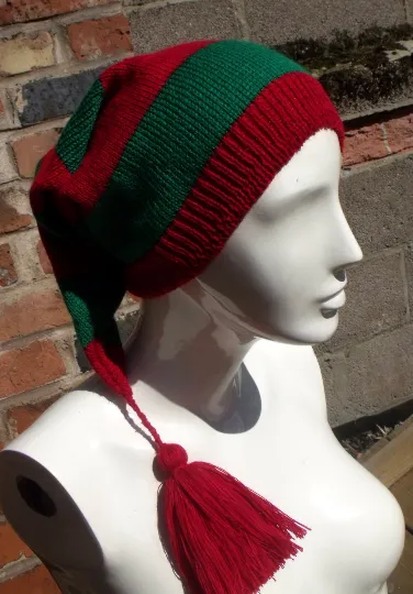 Christmas Elf Hat, Pixie style, slouchy, Smee Pirate Hat, in red and Green, Handmade.