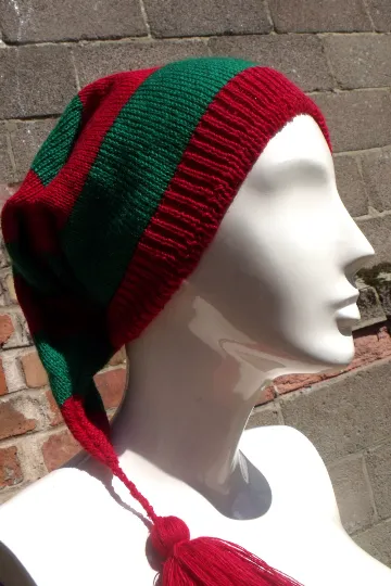 Christmas Elf Hat, Pixie style, slouchy, Smee Pirate Hat, in red and Green, Handmade.