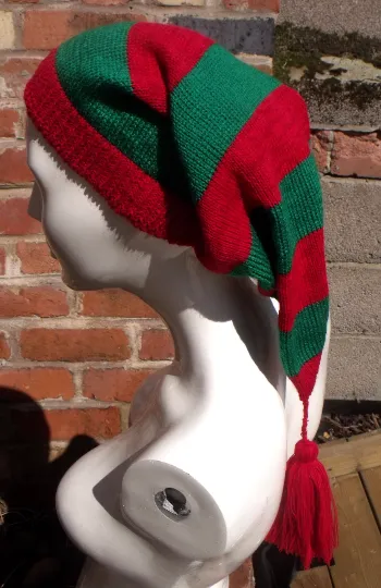 Christmas Elf Hat, Pixie style, slouchy, Smee Pirate Hat, in red and Green, Handmade.