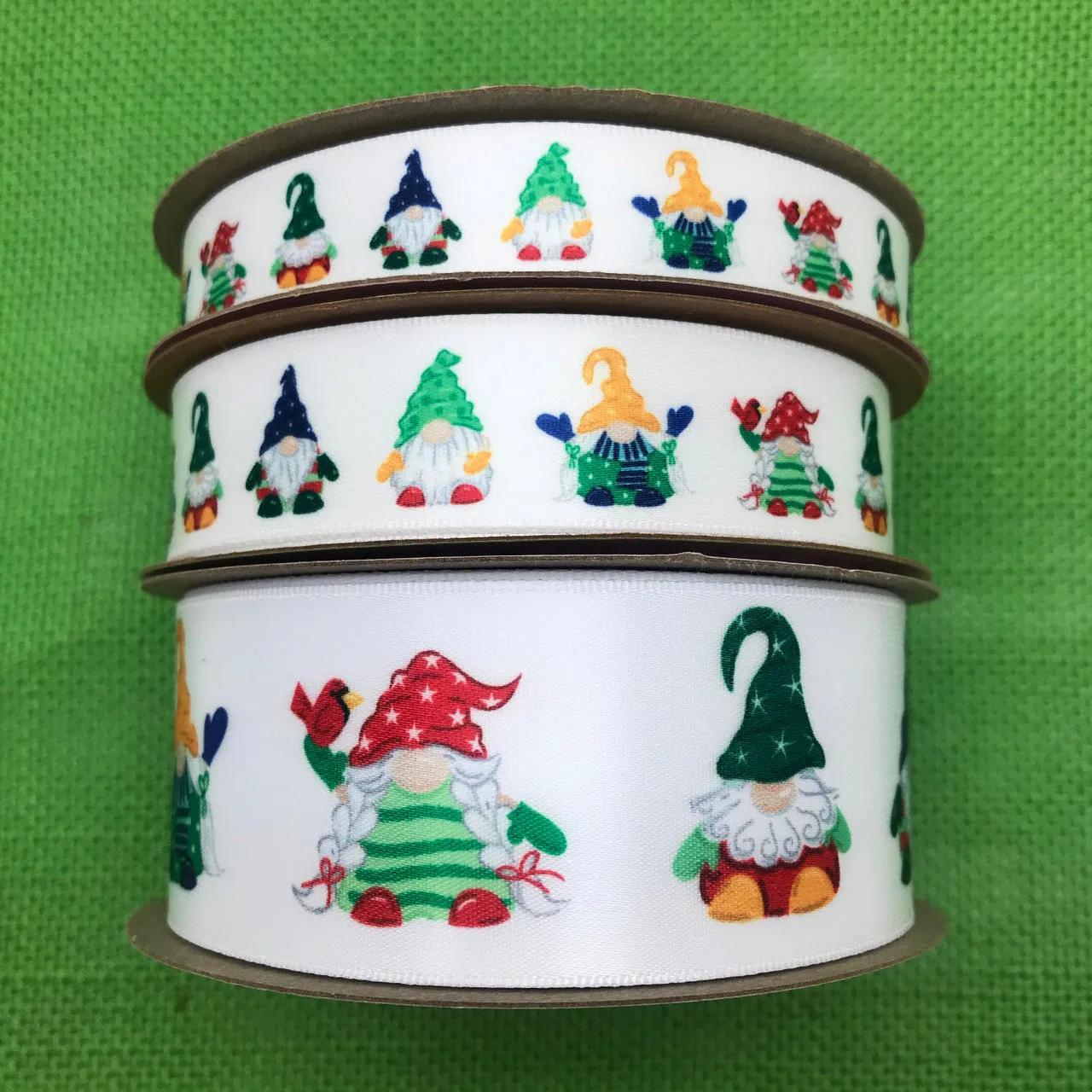 Christmas Gnome ribbon printed on 7/8" white single face satin ribbon