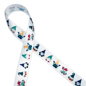 Christmas Gnome ribbon printed on 7/8" white single face satin ribbon