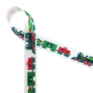 Christmas Train Ribbon on 5/8" White Single face satin