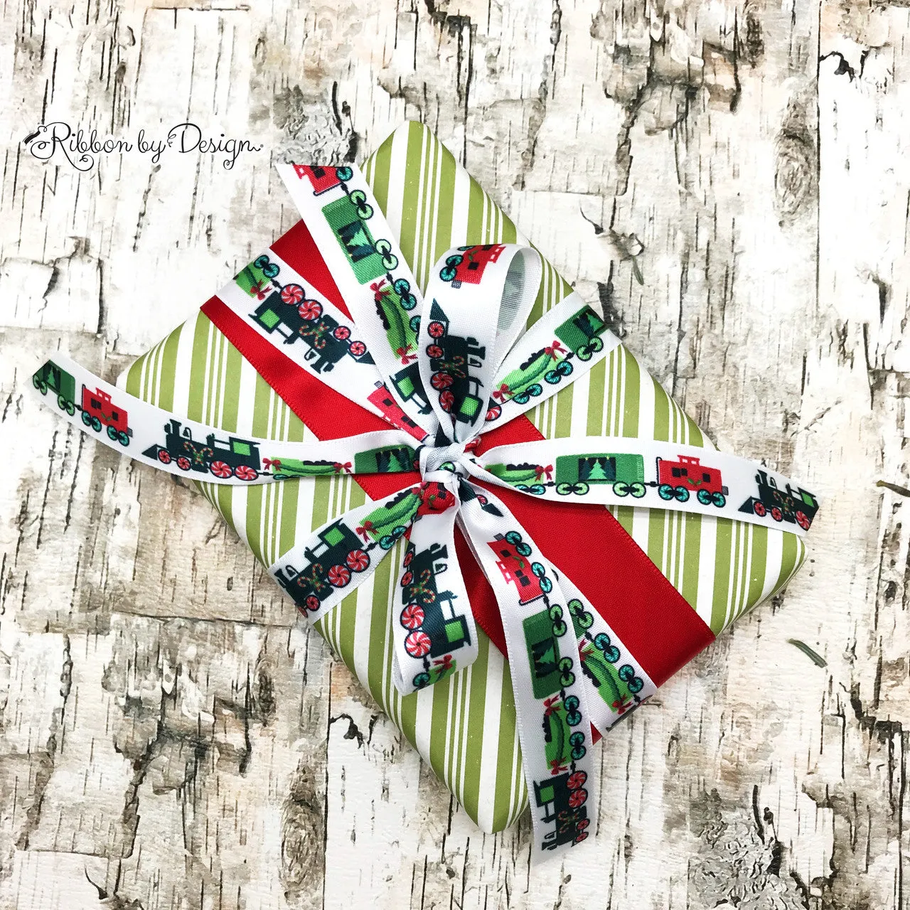 Christmas Train Ribbon on 5/8" White Single face satin