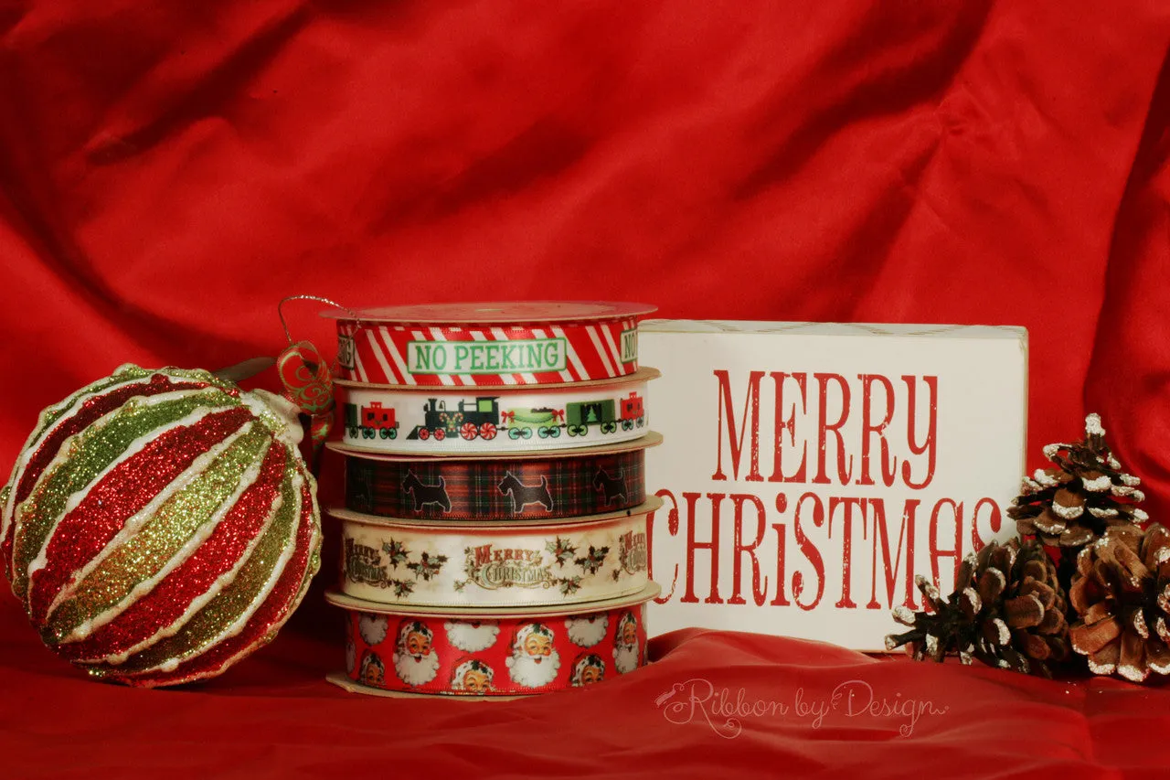 Christmas Train Ribbon on 5/8" White Single face satin