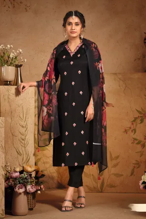 Classic Black Floral Printed Crepe Silk Kurta Pant Set