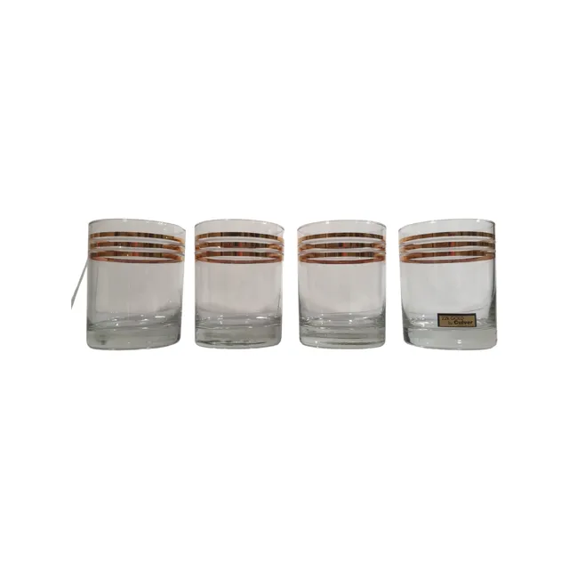 Culver Signed Mid-Century Gold and White Bands Double Old Fashion Glasses (Set of 4)