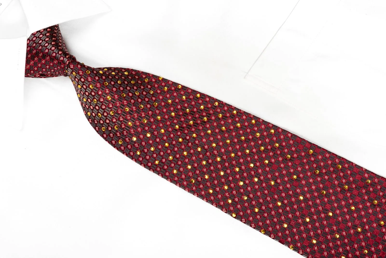 Elle Homme Mens Crystal Silk Tie Burgundy Silver Gray Checkered With Silver Sparkles