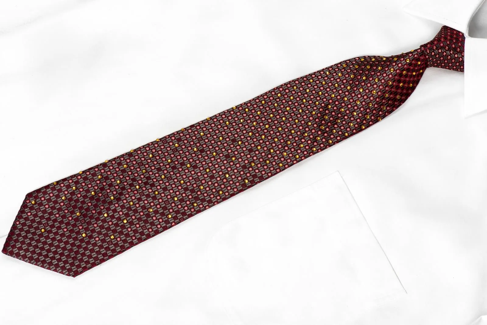 Elle Homme Mens Crystal Silk Tie Burgundy Silver Gray Checkered With Silver Sparkles