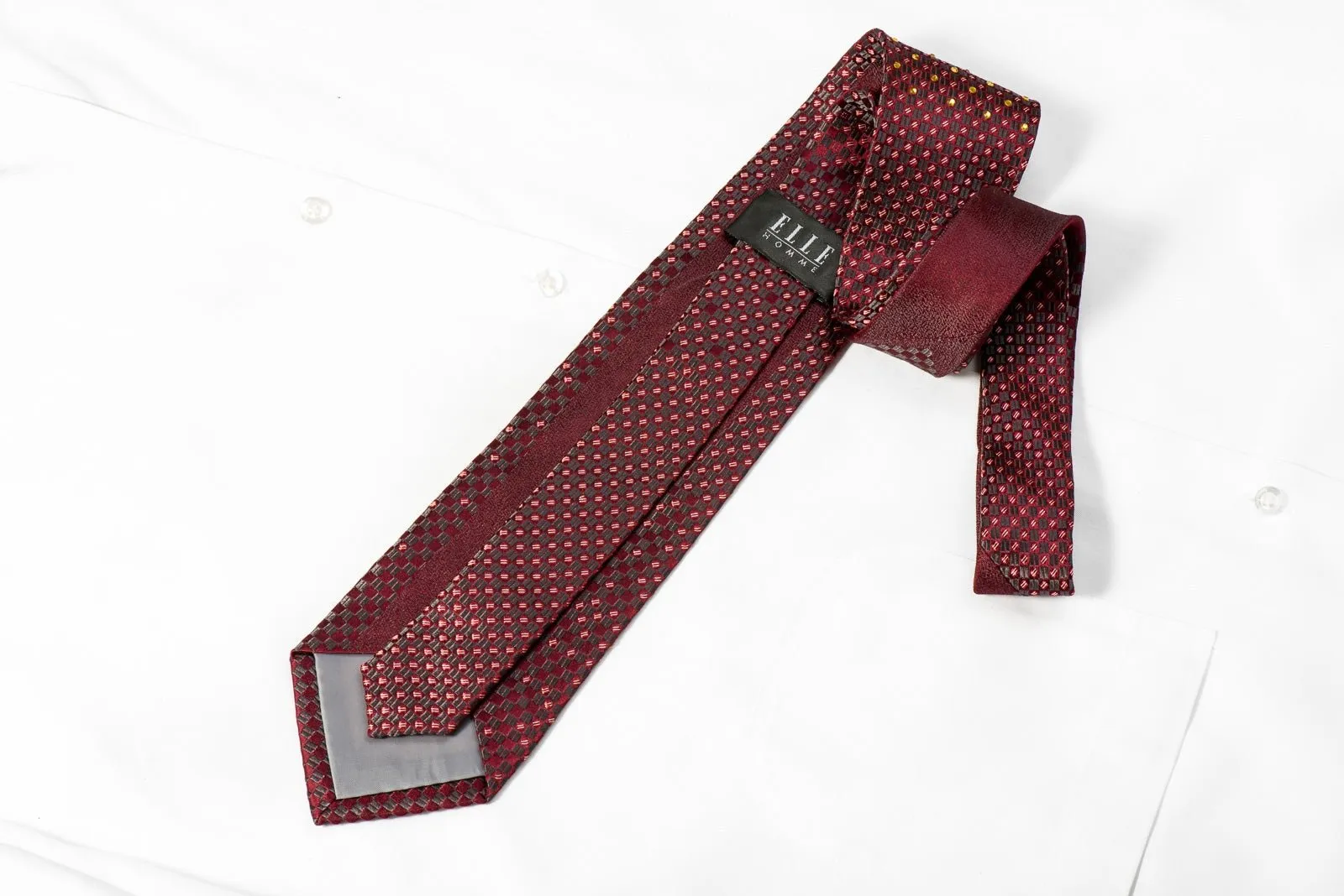 Elle Homme Mens Crystal Silk Tie Burgundy Silver Gray Checkered With Silver Sparkles