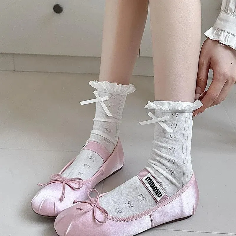 Frilly Crew Socks with Ribbon | Lace Socks With Ruffle | Kawaii Socks